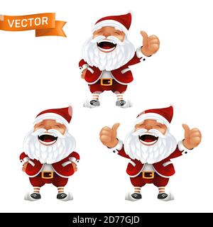 Divertente set di cartoni animati delle piccole mascotte di Babbo Natale senza occhiali in un cappello rosso con pollici in su. Illustrazione vettoriale di personaggi ridenti con wh Illustrazione Vettoriale