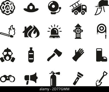 Icone delle attrezzature dei vigili del fuoco e dei pompieri Set Bianco e nero Grande Illustrazione Vettoriale