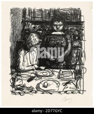 Pierre Bonnard, uomo seduto al tavolo con pasto e donna in piedi: Le Menu, disegno, 1923-1927 Foto Stock