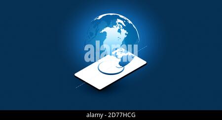 Astratto Blu stile minimale realtà aumentata, Cloud Computing, reti, Telecomunicazioni Concept Design con cellulare e globo terrestre - vettore Illustrazione Vettoriale
