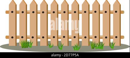Recinzione in legno di cartone animato e erba, picket sulla parte superiore. Illustrazione vettoriale isolata su sfondo bianco. Ottimo per oggetti di cartoni animati e decorazioni. Illustrazione Vettoriale
