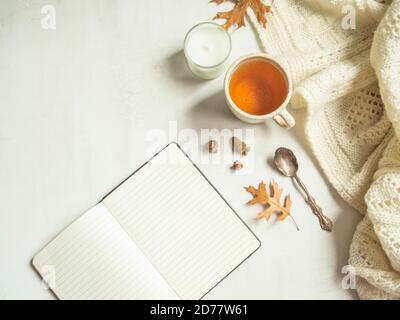 Composizione autunnale. Montatura realizzata in plaid o sciarpa a maglia, foglie cadenti, tazza di tè e blocco note aperto su sfondo grigio pastello. Autunno, autunno concetto. Foto Stock