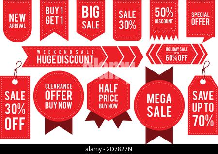 Set banner nastro e etichetta adesivo offerta di vendita e badge tag di vendita pubblicità. Etichette piatte, nastri ed etichette per la pubblicità. Illustrazione vettoriale EPS. Illustrazione Vettoriale