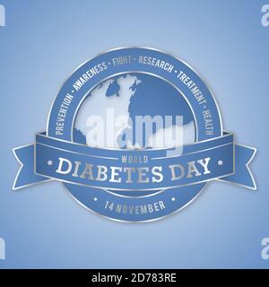 Emblema design World Diabetes Day per banner o biglietto di auguri con mappa del mondo. Progettazione concettuale del giorno del diabete. Illustrazione vettoriale EPS.8 EPS.10 Illustrazione Vettoriale