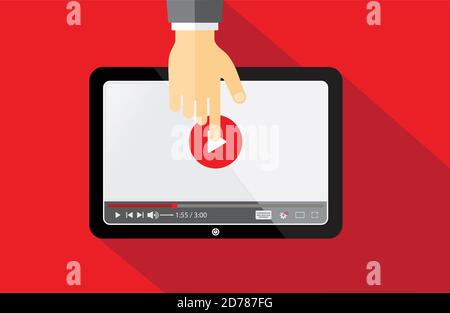 Anteprima per l'apertura di tutorial video, studio e background di apprendimento. Icona di videoconferenza e webinar, servizi Internet e video. Vettore illustrati Illustrazione Vettoriale
