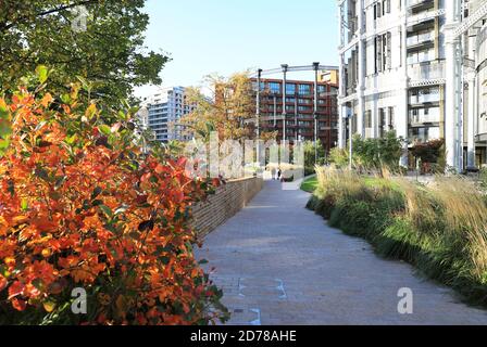 Colori autunnali lungo il canale dei Regents, presso le Gasholder Apts, a Kings Cross, a nord di Londra, Regno Unito Foto Stock