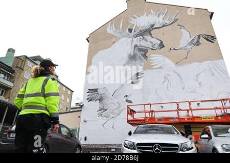 Linköping, Svezia 20201001 questa settimana, il progetto di arte di strada ARTSCAPE FORM è stato ufficialmente avviato a Östergötland. L'artista Stina Folkebrant dipinge un grande murale nella Linköping centrale. Foto di Jeppe Gustafsson Foto Stock