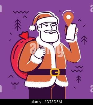 Babbo Natale con smartphone. Illustrazione vettoriale del concetto di Natale Illustrazione Vettoriale