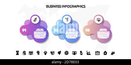 infografiche a 3 fasi con etichette astratte. Modello vettoriale in tre parti utilizzato per diagramma, attività, diagramma di flusso, grafico informativo, timeline, contenuti, livelli Illustrazione Vettoriale