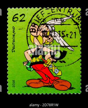 MOSCA, RUSSIA - 21 OTTOBRE 2017: Un francobollo stampato nella Repubblica Federale tedesca mostra Asterix, serie, circa 2015 Foto Stock