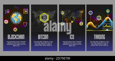 Blockchain, Bitcoin, ICO e poster vettoriale di trading, set di banner Illustrazione Vettoriale