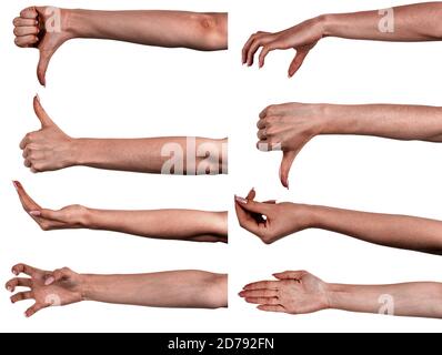 Immagini multiple Imposta mani nere femminili sfondo bianco isolato che mostra gesti diversi. Collage di mani di una donna africana con manicure Foto Stock