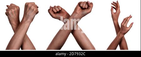 Immagini multiple Imposta mani nere femminili sfondo bianco isolato che mostra gesti diversi. Collage di mani di una donna africana con manicure Foto Stock