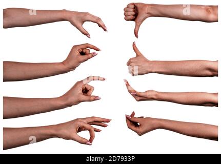 Immagini multiple Imposta mani nere femminili sfondo bianco isolato che mostra gesti diversi. Collage di mani di una donna africana con manicure Foto Stock