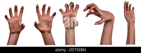 Immagini multiple Imposta mani nere femminili sfondo bianco isolato che mostra gesti diversi. Collage di mani di una donna africana con manicure Foto Stock