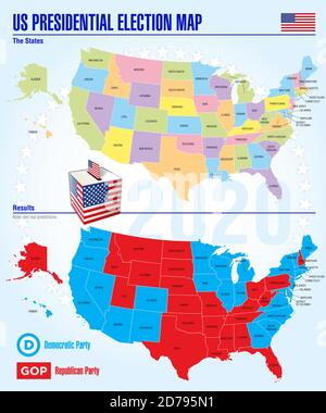 Elezioni presidenziali AMERICANE del 2020, mappa degli stati americani separati con la possibilità di cambiare il colore di ogni singolo stato Illustrazione Vettoriale