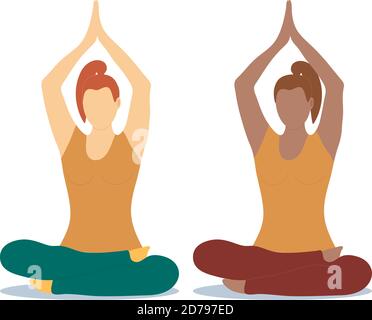 Due ragazze di diverso colore della pelle sono impegnate nella meditazione su bianco isolato. Due ragazze meditano tenendo entrambe le mani sopra le loro teste. Illustrazione Vettoriale