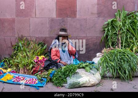 24 febbraio 2020: Donna che indossa abiti tradizionali e vende verdure per strada. POTOS», Bolivia Foto Stock