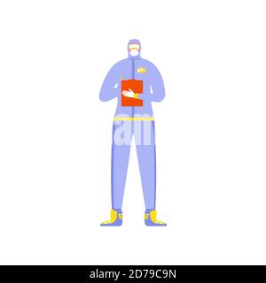 Uomo in tuta protettiva e maschera con informazioni mediche, carta. Lavoratore medico che indossa uniforme di sicurezza in piedi nel respiratore e jumpsu di protezione Illustrazione Vettoriale