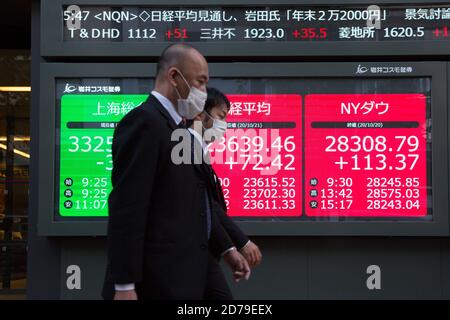 Tokyo, Giappone. 21 Ott 2020. Uomini che camminano da un consiglio di borsa elettronica con tassi crescenti di scambi in tempo reale a Tokyo. Credit: Stanislav Kogiku/SOPA Images/ZUMA Wire/Alamy Live News Foto Stock