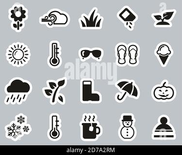 Set di adesivi Big Big con icone Four Seasons in bianco e nero Illustrazione Vettoriale