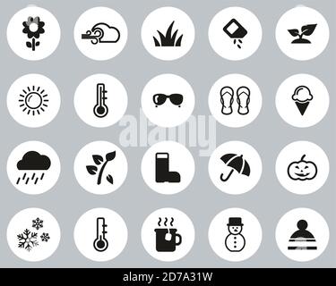 Set cerchio di design piatto in bianco e nero con icone Four Seasons Grande Illustrazione Vettoriale