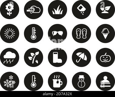 Quattro icone stagioni Bianco su Black Flat Design Circle Set Grande Illustrazione Vettoriale