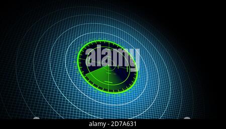 Velivoli nemici o navi rilevate dalla scansione radar, velocità dell'oggetto e monitoraggio della posizione. Scansione di oggetti tramite radar. concetto di risoluzione 4k Foto Stock