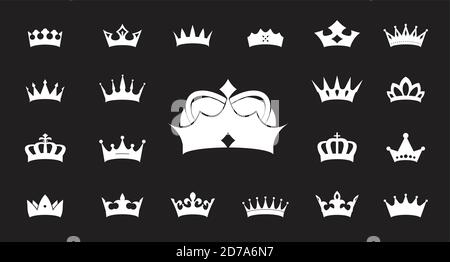 Set di icone bianche delle corone vettoriali su sfondo nero. Illustrazione vettoriale. Emblema, icona e simboli reali. Illustrazione Vettoriale