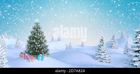 Albero di Natale decorato e regali all'aperto caduta neve resa 3d illustrazione 3d Foto Stock