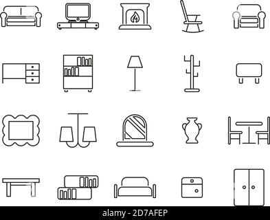 Icone di mobili Set sottile bianco e nero Grande Illustrazione Vettoriale
