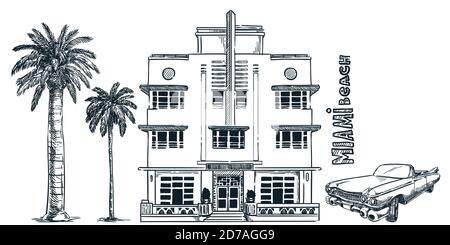 Miami Street con edificio d'epoca, auto retrò e palme isolate su sfondo bianco. Illustrazione dello schizzo del doodle vettoriale. Florida vacanza mano disegnata d Illustrazione Vettoriale