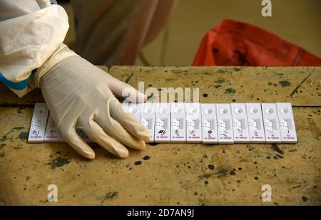 Guwahati, Assam, India. 21 Ott 2020. Un operatore sanitario in dispositivi di protezione individuale (PPE) organizza il kit di test dopo aver prelevato il campione di tampone nasale dalla gente del posto per il test rapido dell'antigene Covid-19 (RAT), in un centro di raccolta di tamponi prima del festival durga puja, a Guwahati, India, il 21 ottobre 2020. Fino all'ottobre 20 sono stati analizzati complessivamente 9, 72, 00,379 campioni. Secondo la Johns Hopkins University, che ha compilato dati COVID-19 da tutto il mondo, il bilancio delle vittime dell'India è il terzo peggiore. Credit: David Talukdar/ZUMA Wire/Alamy Live News Foto Stock