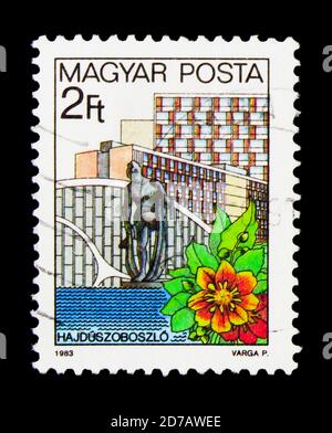 MOSCA, RUSSIA - 26 NOVEMBRE 2017: Un francobollo stampato in Ungheria mostra Hajduszoboszlo, Resorts serie, circa 1983 Foto Stock
