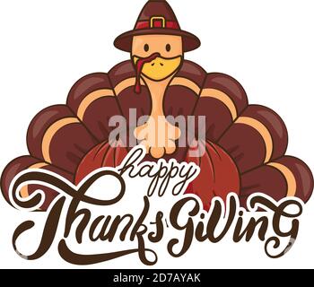 felice giorno di ringraziamento celebrazione scritta con tacchino che indossa cappello pellegrino disegno di illustrazione vettoriale Illustrazione Vettoriale