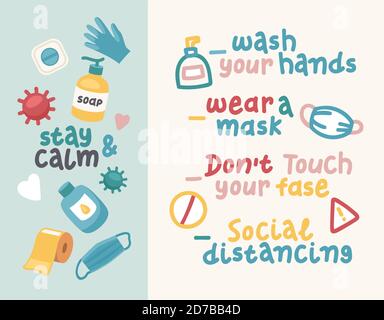 Trattamento con coronavirus. Pericoloso citazione virus covid. Quarantena di coronavirus. Adesivo per lettere Covid-19. Illustrazione Vettoriale