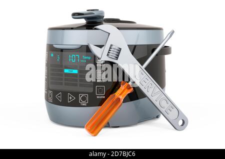 Riparazione e assistenza di Automatic Multicooker, rendering 3D isolato su sfondo bianco Foto Stock