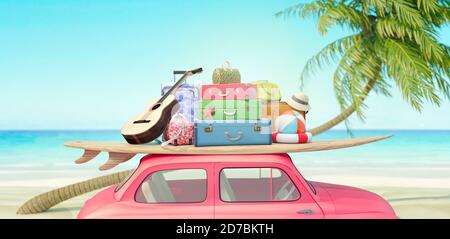 Auto con bagagli pronti per le vacanze estive 3D Render 3D illustrazione Foto Stock