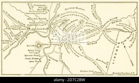 Mappa che illustra la lotta di Concord. Le battaglie di Lexington e Concord furono i primi impegni militari della Guerra d'indipendenza americana, combattute il 19 aprile 1775 nella Contea di Middlesex, nella provincia di Massachusetts Bay, nelle città di Lexington, Concord, Lincoln, Menotomy (attuale Arlington) e Cambridge. Segnarono lo scoppio di un conflitto armato tra il Regno di Gran Bretagna e le sue tredici colonie in America. Foto Stock