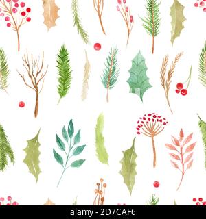 Elementi boho natalizi con motivo senza cuciture. Set floreale invernale acquerello. Rami di vacanza, foglie, coni, bacche, rami di conifere, foglie su un whi Foto Stock