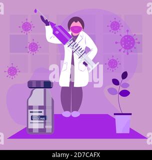 Infermiera con vaccino Covid piatto illustrazione vettoriale Illustrazione Vettoriale