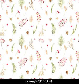 Elementi boho natalizi con motivo senza cuciture. Set floreale invernale acquerello. Rami di vacanza, foglie, coni, bacche, rami di conifere, foglie su un whi Foto Stock