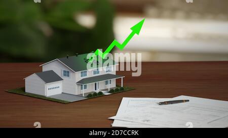 Boom del mercato immobiliare, aumento dei prezzi. Elegante casa suburbana con freccia verde che sale. Rendering 3D digitale. Foto Stock