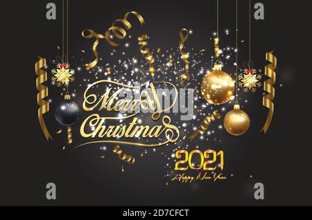 Felice anno nuovo 2021 sfondo brillante con il testo dorato - Golden New Year 2021 sfondo con testo dorato e palle Illustrazione Vettoriale