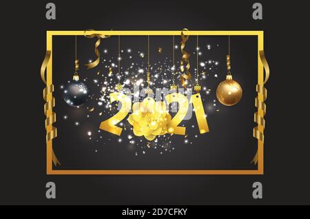 Felice anno nuovo 2021 sfondo brillante con il testo dorato - Golden New Year 2021 sfondo con testo dorato e palle Illustrazione Vettoriale