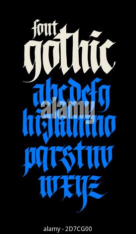 Alfabeto gotico. Vettore. Gotico moderno. Nero lettere calligrafico su sfondo giallo. Tutte le lettere sono separati. Latino medievale lettere. Antica G Illustrazione Vettoriale