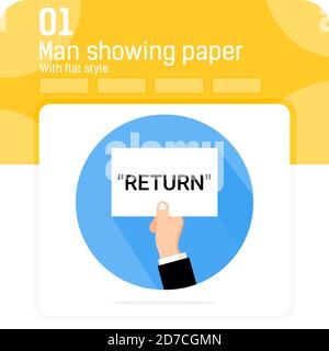 uomo che mostra il testo di ritorno in carta illustrazione premium con stile piatto isolato su sfondo bianco. Semplice vettore disegno illustrazione mano uomo d'affari Illustrazione Vettoriale