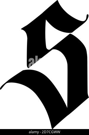 Lettera s, in stile gotico. Vettore. Alfabeto. Il simbolo è isolato su uno sfondo bianco. Calligrafia e lettere. Lettera latina medievale. Illustrazione Vettoriale