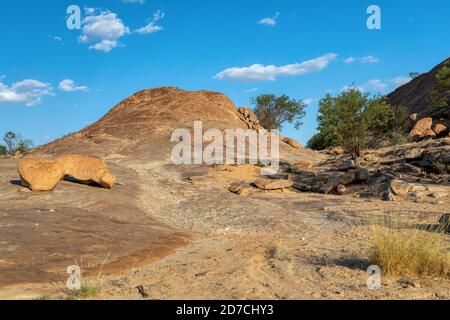 Deserto intorno alla montagna Brandberg. Paesaggio vicino luogo con dipinti di roccia della Madonna Bianca. Namibia, Africa selvaggia Foto Stock