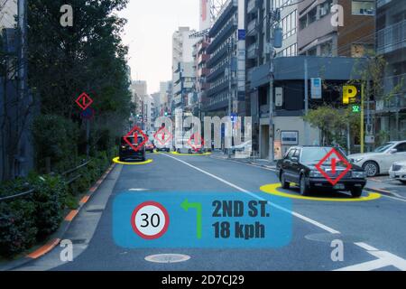 Iot smart automobili auto Driverless con intelligenza artificiale si combinano con profonda la tecnologia di apprendimento autonomo auto pilotaggio può consapevolezza situazionale aro Foto Stock